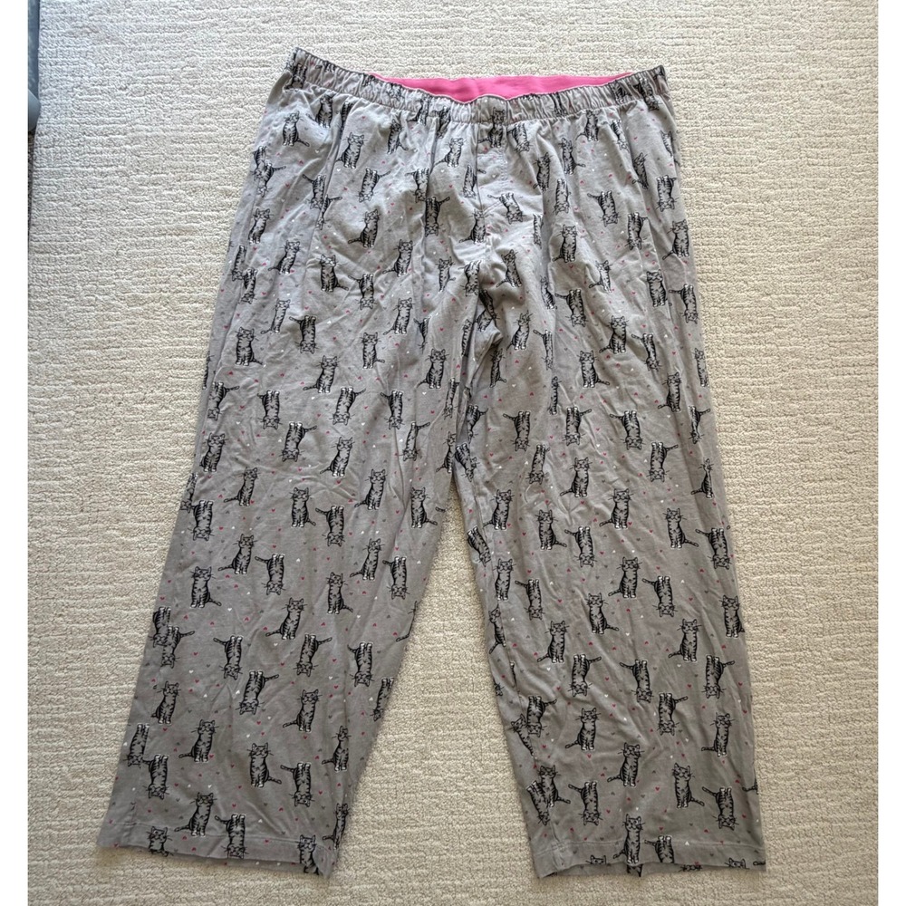 HUE Cat Print Pajama Pants Gray 100% Cotton Heart Lounge Sleep Bottoms 3X Cozy